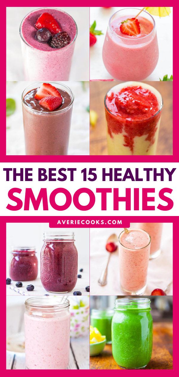 15+ Healthy Smoothie Recipes — Ring in the New Year with this collection of 15+ easy, healthy smoothie recipes. Learn how to make healthy breakfast smoothies for every day of the week! If you're looking for tasty smoothie recipes that'll keep you full, satisfied and are skinny jeans-friendly, this collection has you covered!
