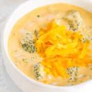 Bowl of broccoli cheddar soup.