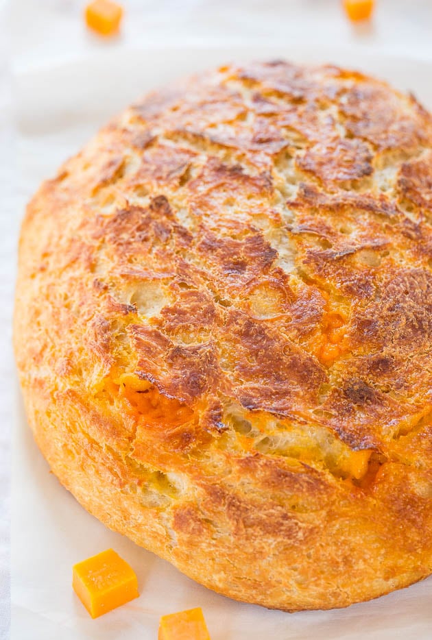 Homemade Sourdough Cheese Bread — No starter required and so easy! It tastes like it's from a fancy bakery! Who can resist homemade cheesy bread?!