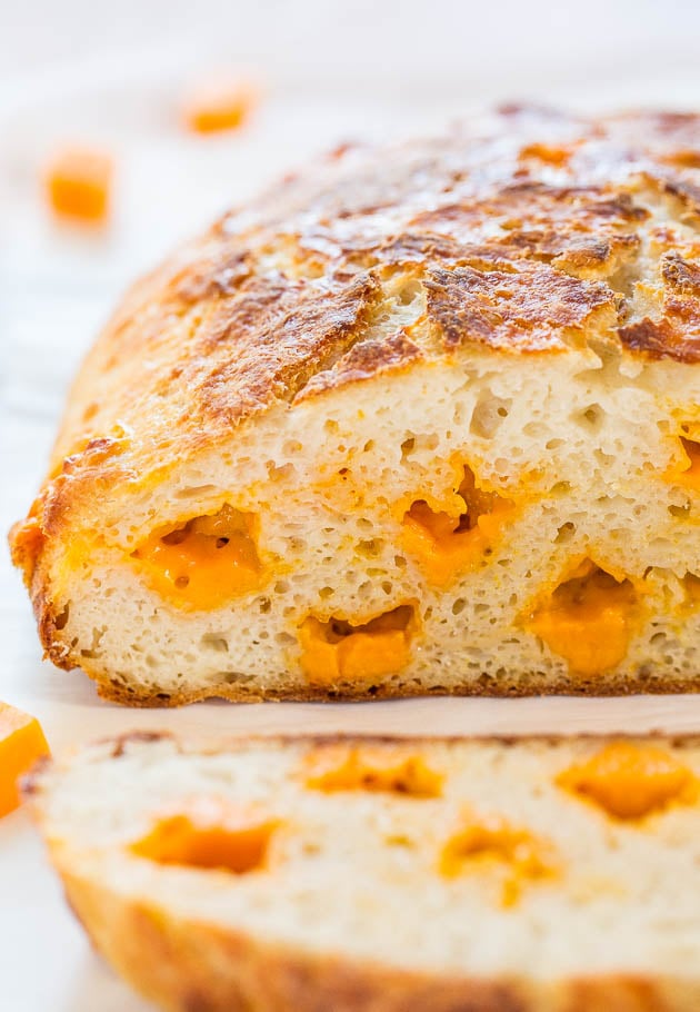 Homemade Sourdough Cheese Bread — No starter required and so easy! It tastes like it's from a fancy bakery! Who can resist homemade cheesy bread?!