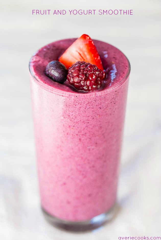 Frozen fruit smoothie with yogurt in a tall glass