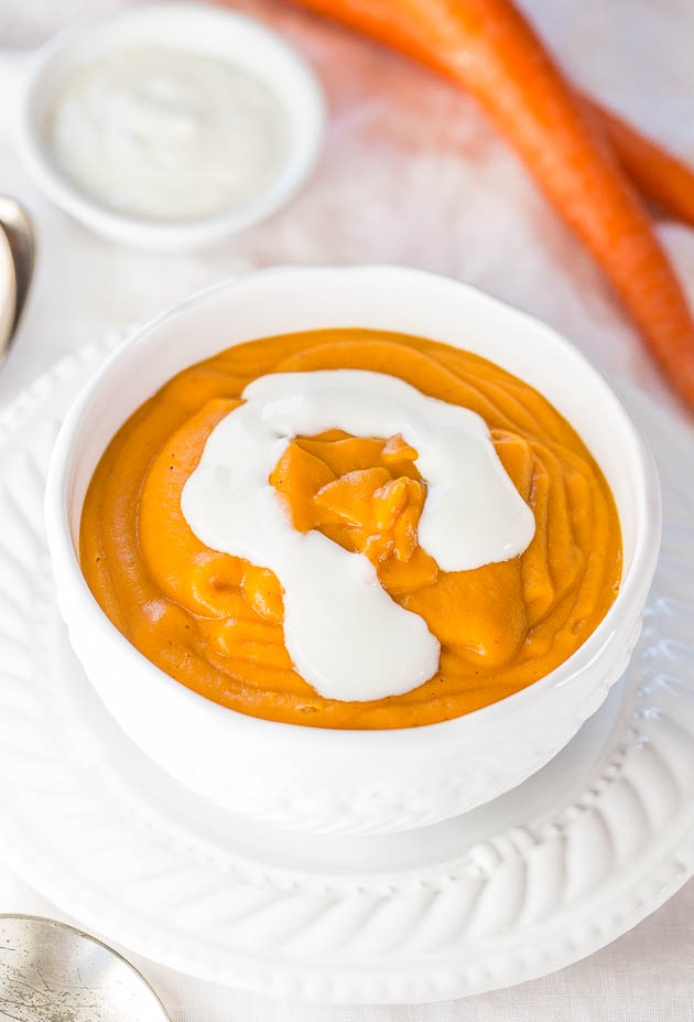 Creamy Potato Carrot Soup — Healthy, hearty, fast, and easy! It tastes like it's full of cream and butter, but it's actually the potato that gives the soup its thick texture! 