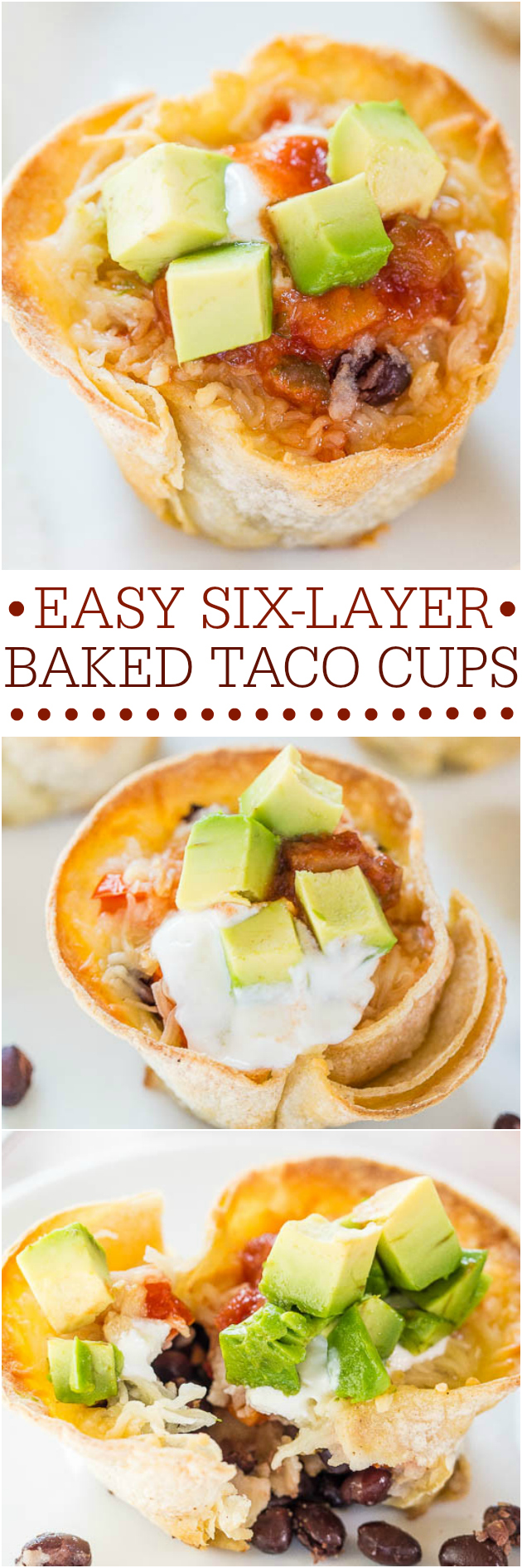 Easy Six-Layer Baked Taco Cups - Fast, easy, and accidentally healthy! Your favorite taco fixings in individually-portioned cups!! So fun!!!