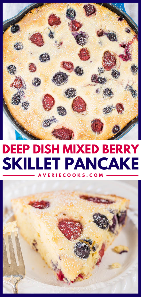 Deep Dish Mixed Berry Skillet Pancake - The easiest and thickest pancake ever! No flipping or standing at the stove so you can go relax!! Perfect easy brunch recipe!