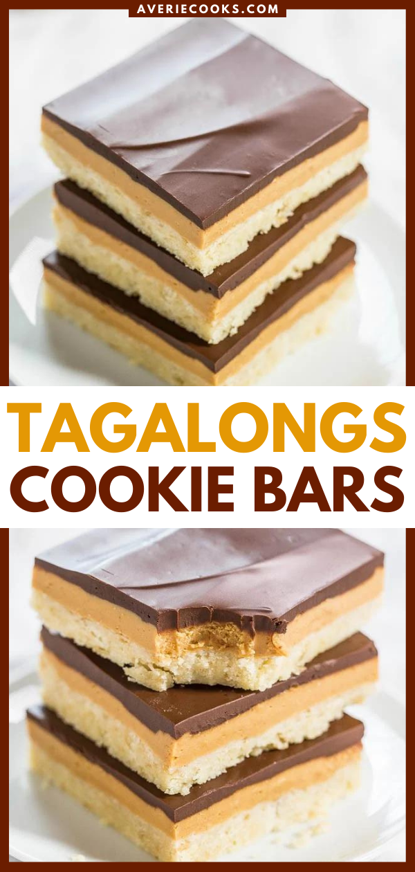 Tagalong Cookie Bars — Say hello to year-round Girl Scout cookie season with these delish bars! All the flavors of the classic cookies in easy bar form!!