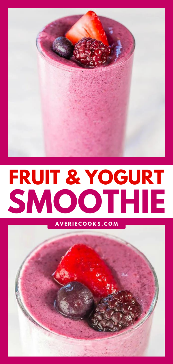 This Frozen Fruit Smoothie is packed with berries, strawberry yogurt, and cashew milk. Smoothie recipes with frozen fruit are the best because they don't need any ice to reach the perfect consistency! 