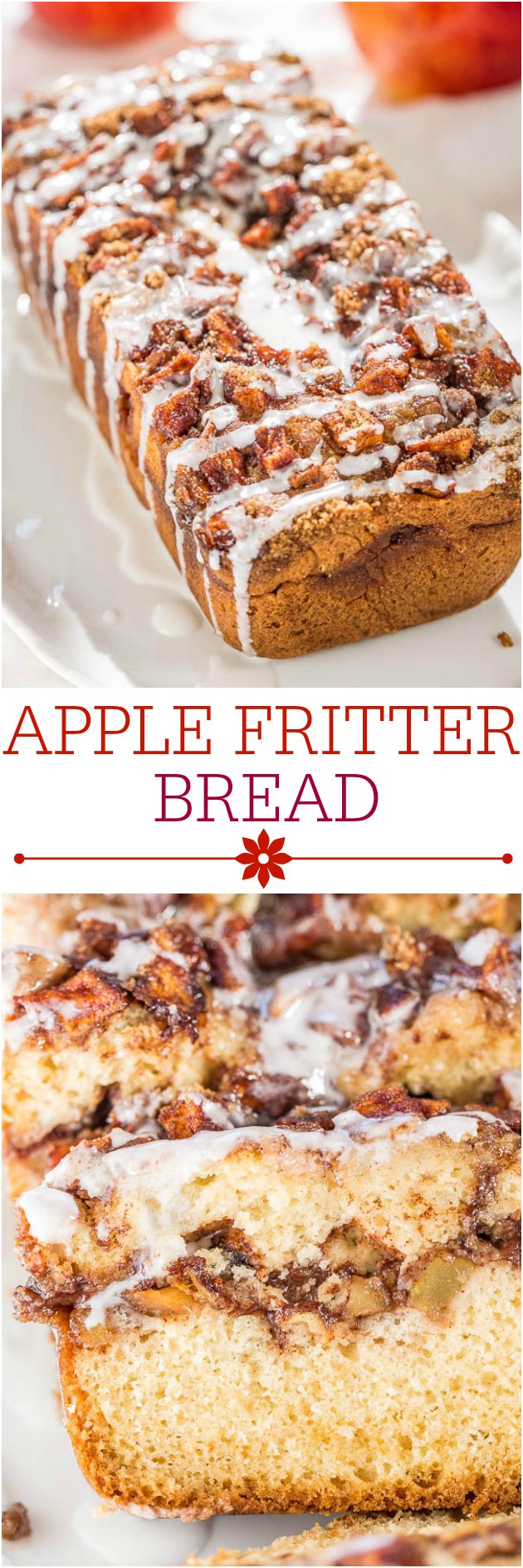 Apple Fritter Bread - Soft, fluffy bread that's stuffed AND topped with apples, cinnamon, and sugar!! Like apple fritters in bread form!! Best apple bread EVER!