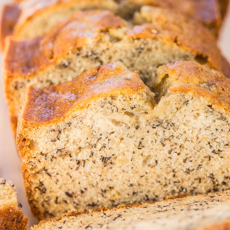 Close-up of sliced banana bread showing texture.