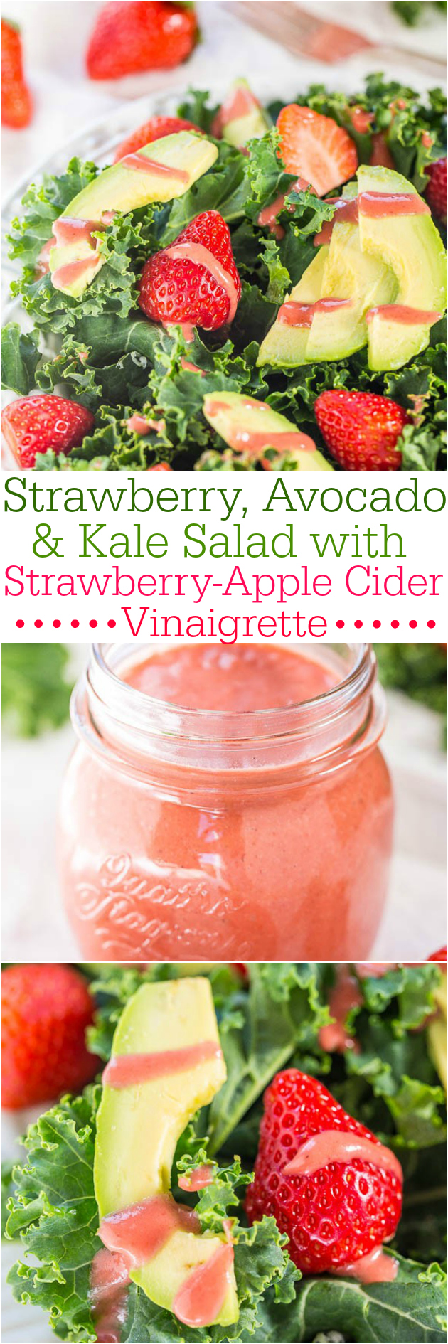 Kale Strawberry Avocado Salad — Make a kale lover out of anyone with this kale strawberry salad! It's topped with creamy avocado, juicy berries, and homemade strawberry vinaigrette! 