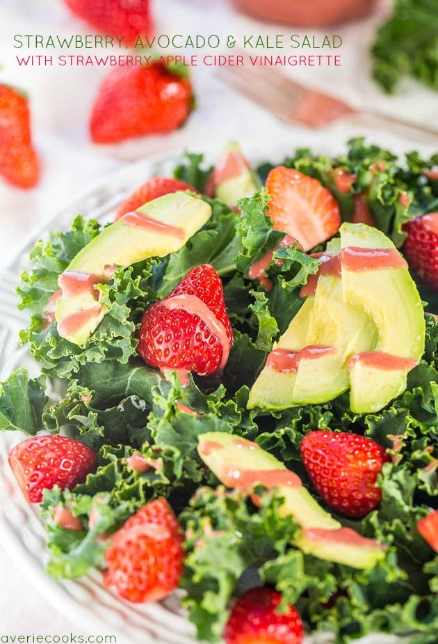 Strawberry, Avocado, and Kale Salad with Strawberry-Apple Cider Vinaigrette - Make a kale lover out of anyone in this healthy salad with creamy avocado and juicy berries!