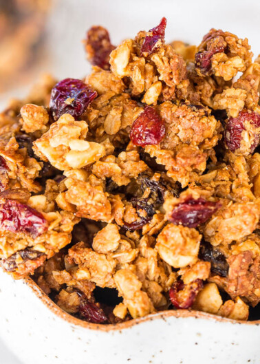 A bowl of granola with dried cranberries.