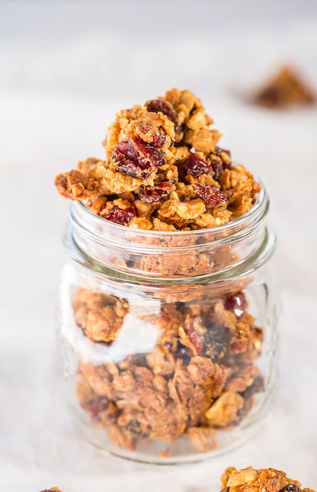 Peanut Butter and Jelly Granola in a glass jar