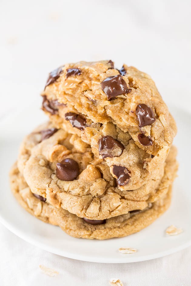 Soft and Chewy Peanut Butter Oatmeal Chocolate Chip Cookies - 3 favorite cookies combined into 1 so you don't have to choose!! Easy, no-mixer recipe, and always a hit!