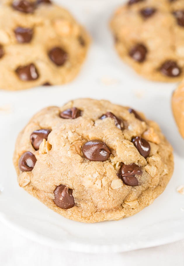 Soft and Chewy Peanut Butter Oatmeal Chocolate Chip Cookies - 3 favorite cookies combined into 1 so you don't have to choose!! Easy, no-mixer recipe, and always a hit!