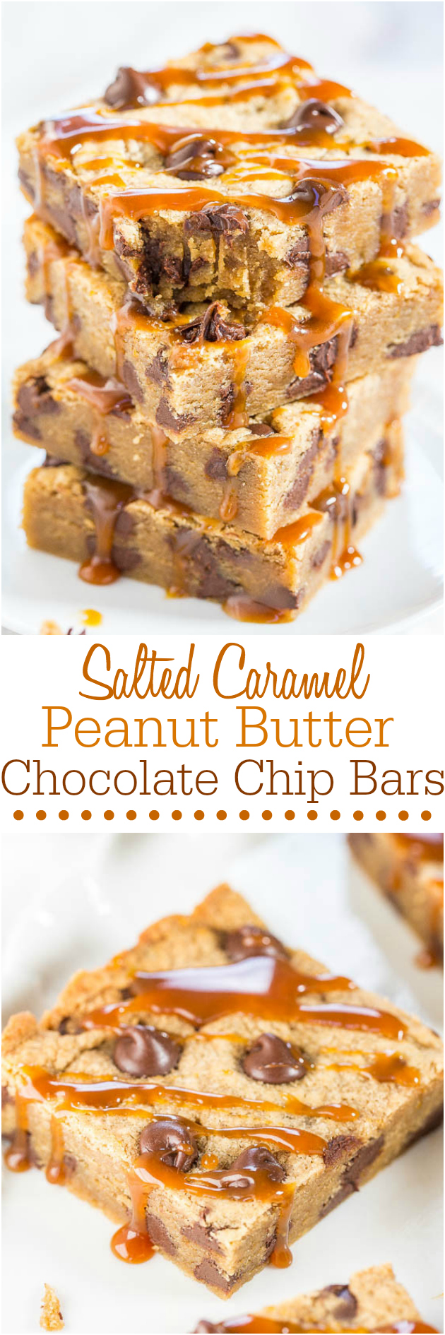 Salted Caramel Peanut Butter Chocolate Chip Bars - Made with salted caramel PB (yes it's a thing!) Soft, chewy, gooey and so irresistible!!!