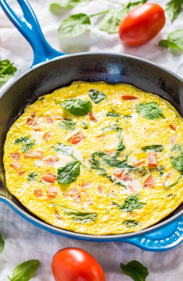 Easy Spinach and Tomato Frittata - Ready in 10 minutes and healthy! Perfect for any meal!! Great for using up odds-and-ends veggies, too!!