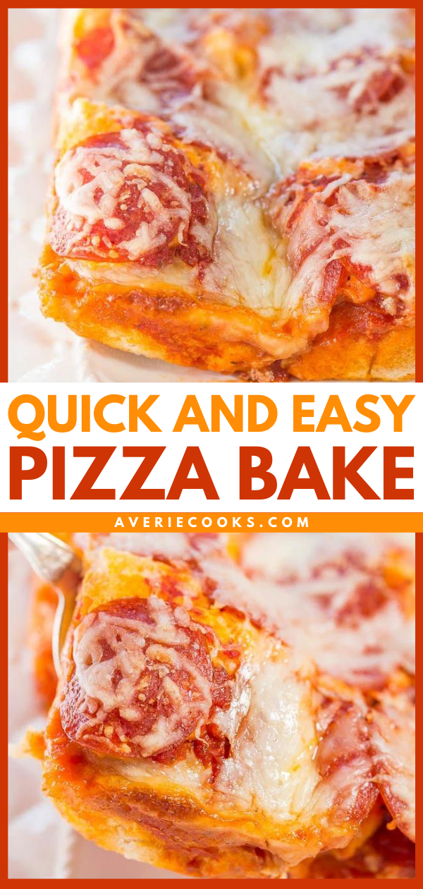 Easy Pizza Bake — Skip takeout and make your own warm and cheesy deep dish pizza bake! Fast, easy, and ready in 30 minutes! It's a keeper everyone loves!!