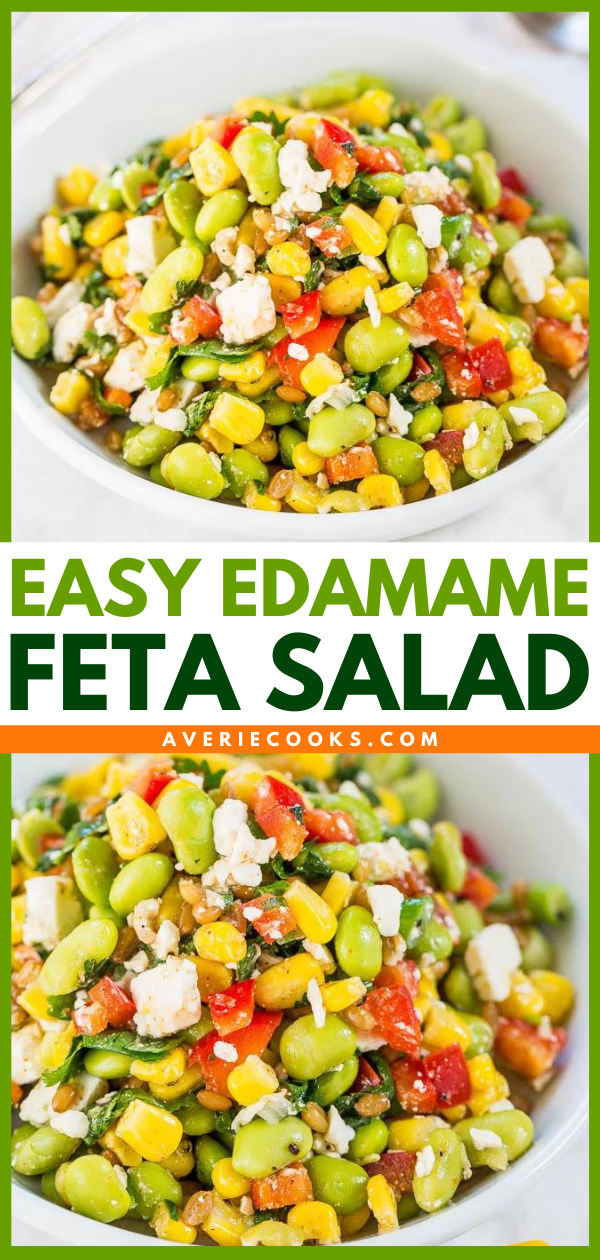 Edamame Feta Salad - Fast, easy, healthy, and packed with bigtime texture and bold flavors! Easily adaptable based on what's in your fridge!! Healthy never tasted so good!!