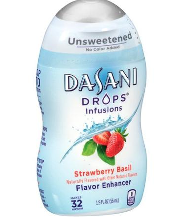A bottle of dasani drops infusions in strawberry basil flavor, a water enhancer with no added color.