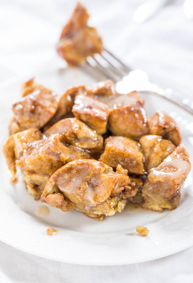 serving of bagel baked french toast casserole on a white plate