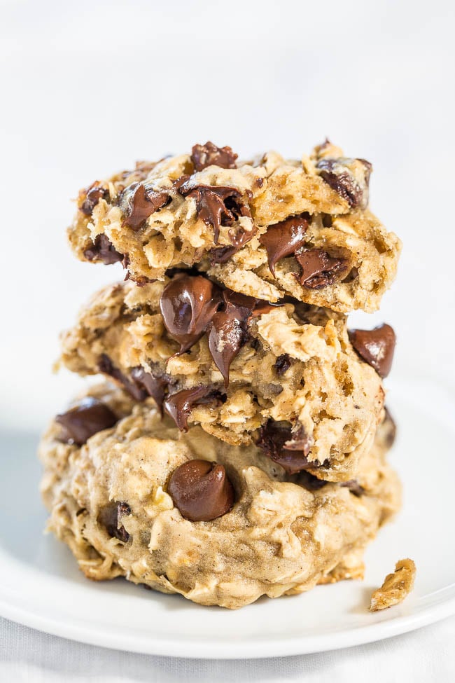 three Chocolate Chip Banana Oatmeal Cookies stacked on top of each other
