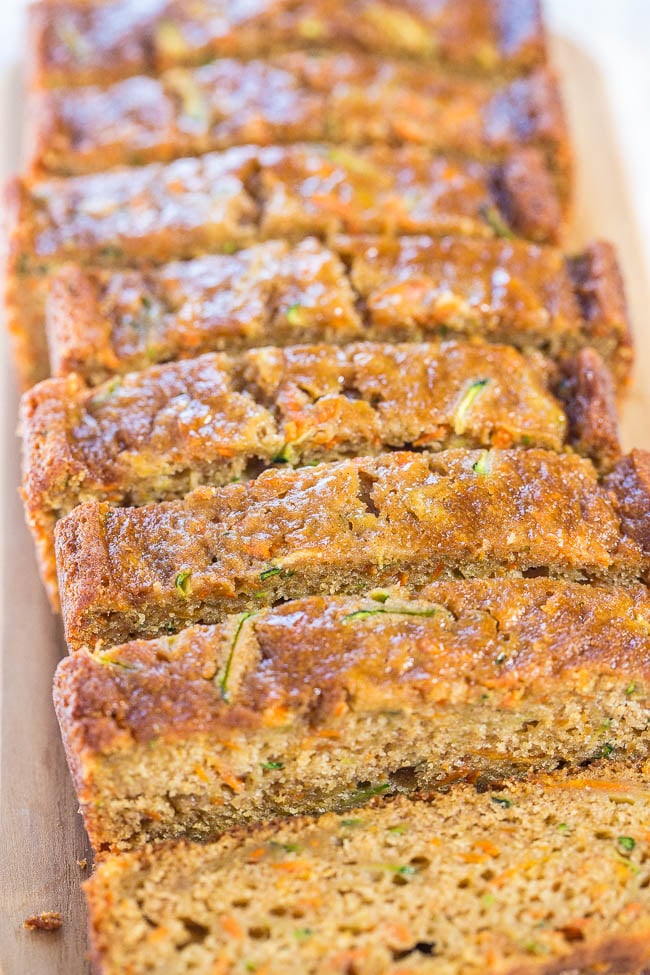 Zucchini Carrot Bread — Fast, easy, one bowl, no mixer!! Super soft, moist, and tastes so good you'll forget it's on the healthier side!!
