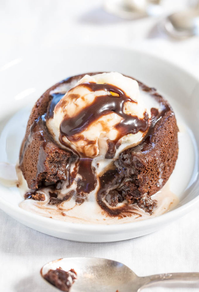The Best and Easiest Molten Chocolate Lava Cakes on a white plate 