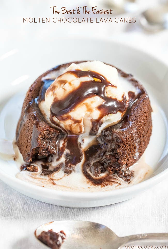 The Best and The Easiest Molten Chocolate Lava Cakes - One bowl, no mixer, so easy! The warm, gooey, fudgy chocolate center is heavenly! Better than any restaurant versions! Best chocolate cake EVER!!
