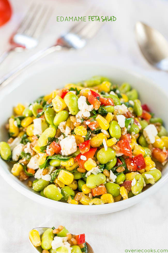 Edamame Feta Salad - Fast, easy, healthy, and packed with bigtime texture and bold flavors! Easily adaptable based on what's in your fridge!! Healthy never tasted so good!!