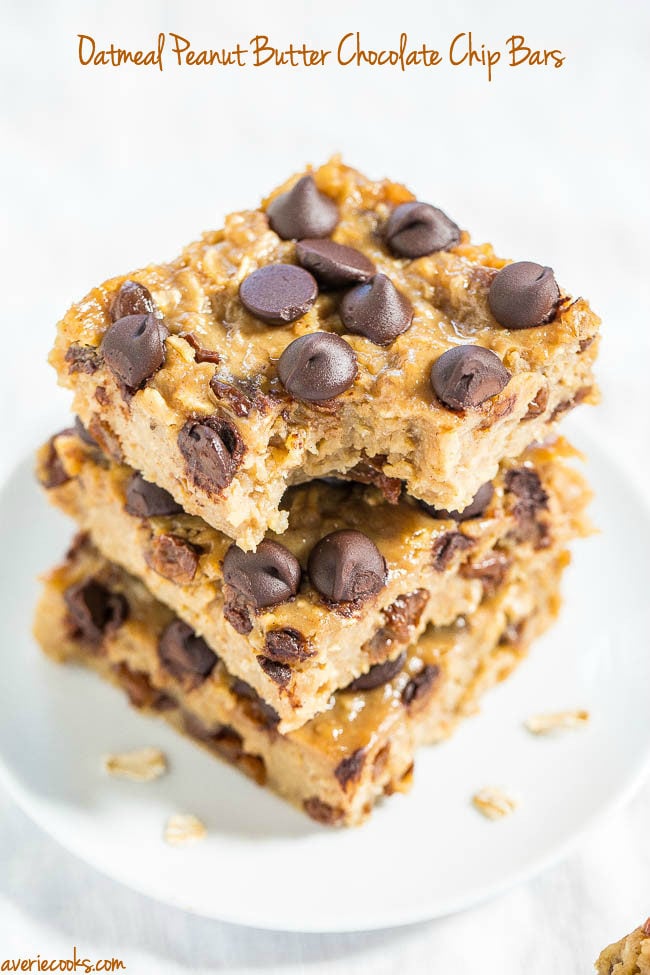 Oatmeal Peanut Butter Chocolate Chip Bars - So much better than a bowl of plain oatmeal!! Easy, portable bars perfect for snacks or breakfast on-the-go!!