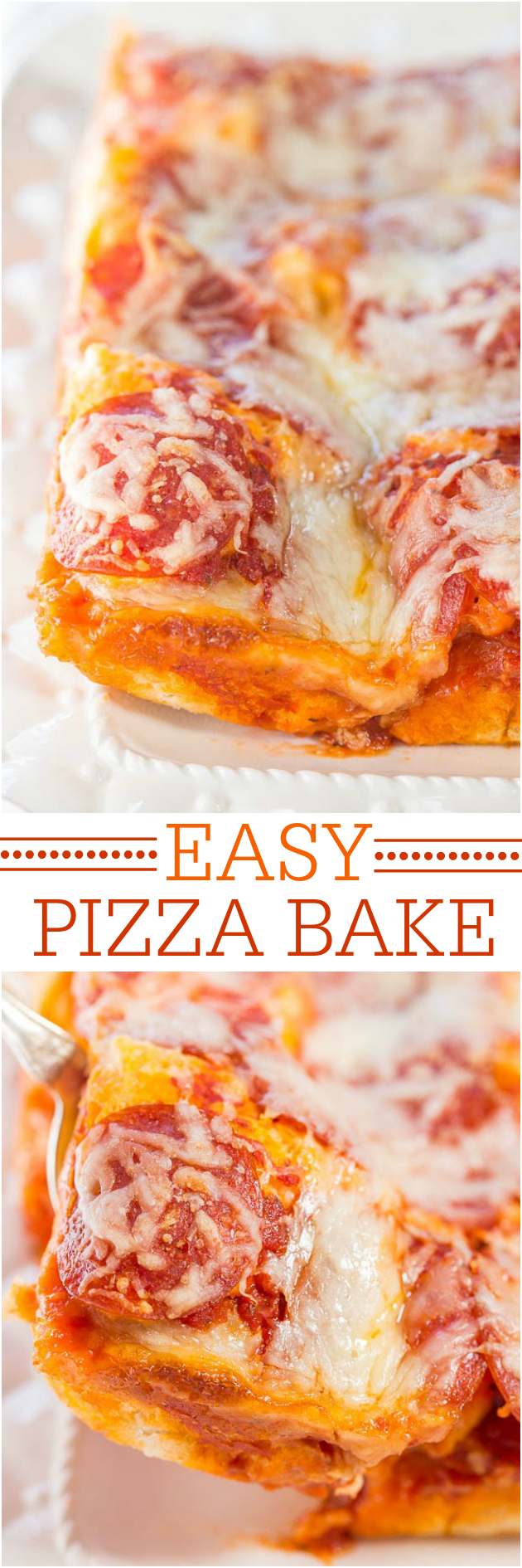 Easy Pizza Bake - Skip takeout and make your own warm and cheesy deep dish pizza bake! Fast, easy, and ready in 30 minutes! It's a keeper everyone loves!!