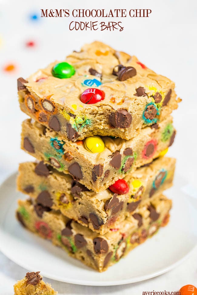 M&M’S Chocolate Chip Cookie Bars - Soft buttery bars loaded with M&M’S and chocolate chips are a guaranteed hit!! Fast, easy, foolproof, no mixer recipe that's so much simpler than making cookies!!