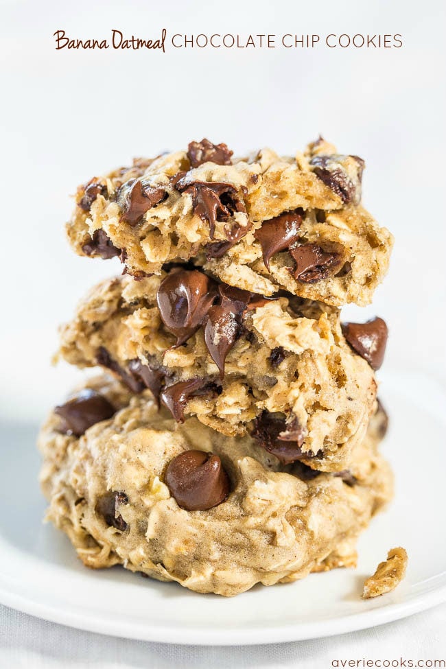 Banana Oatmeal Chocolate Chip Cookies - Only 1/4 cup butter used! Like oatmeal cookies but with banana to keep them healthier! So soft, chewy, and you'll never miss the butter!!