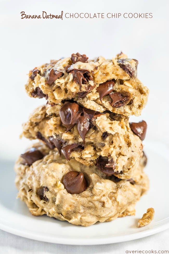 stack of Chocolate Chip Banana Oatmeal Cookies on white plate