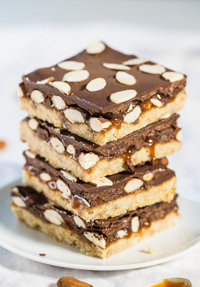 Chocolate Caramel Almond Bars - Buttery shortbread, caramel, chocolate and almonds GALORE!! Easy and perfect for almond lovers!!