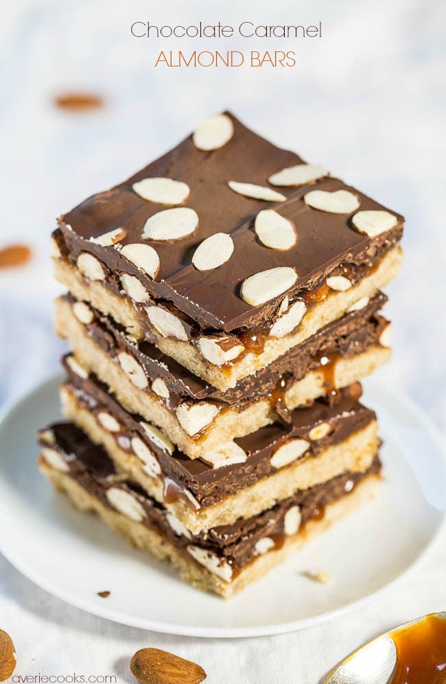 Chocolate Caramel Almond Bars - Buttery shortbread, caramel, chocolate and almonds GALORE!! Easy and perfect for almond lovers!!