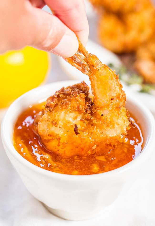 Coconut Shrimp with Orange-Chili Dipping Sauce - Plump, juicy shrimp with a crispy, crunchy coconut coating!! Fast, easy, and better than you get in restaurants! Will be your new favorite shrimp recipe!!