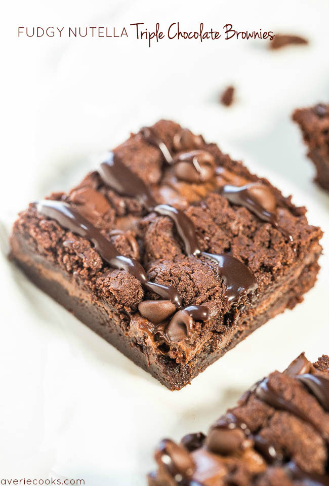 Fudgy Nutella Triple Chocolate Brownies - NO eggs, NO oil, NO gluten and you'll never miss them!!! Stuffed with Nutella, chocolate chips, and topped hot fudge! Fast, easy, and tastes amazing!!