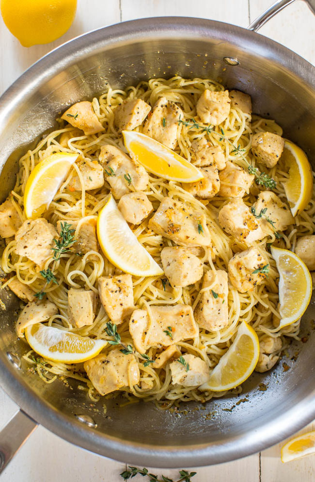 Overhead shot of Honey Lemon Chicken with Angel Hair Pasta in a pan