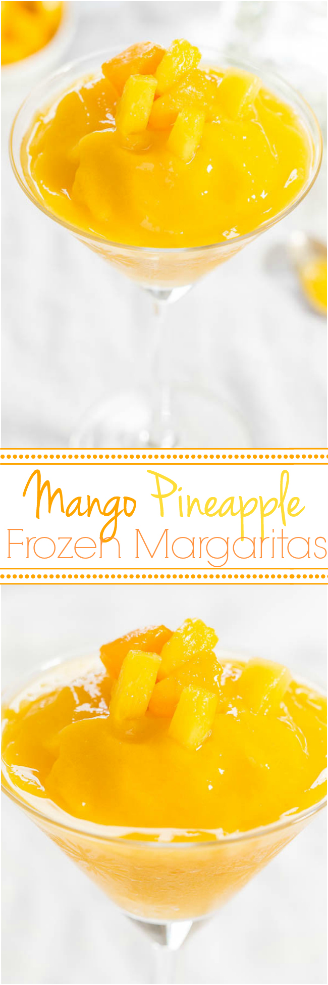 Mango Pineapple Frozen Margaritas - No margarita mix and no sugar needed for amazing, easy margaritas that are ready in 30 seconds!! Refills are a must!!