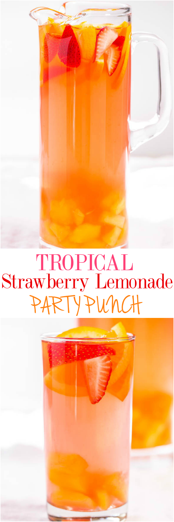 Tropical Strawberry Lemonade Party Punch - Sweet and citrusy with a tropical vibe! So fast and easy!! Punch and sangria all in one with loads of fruit!! (can be made virgin)