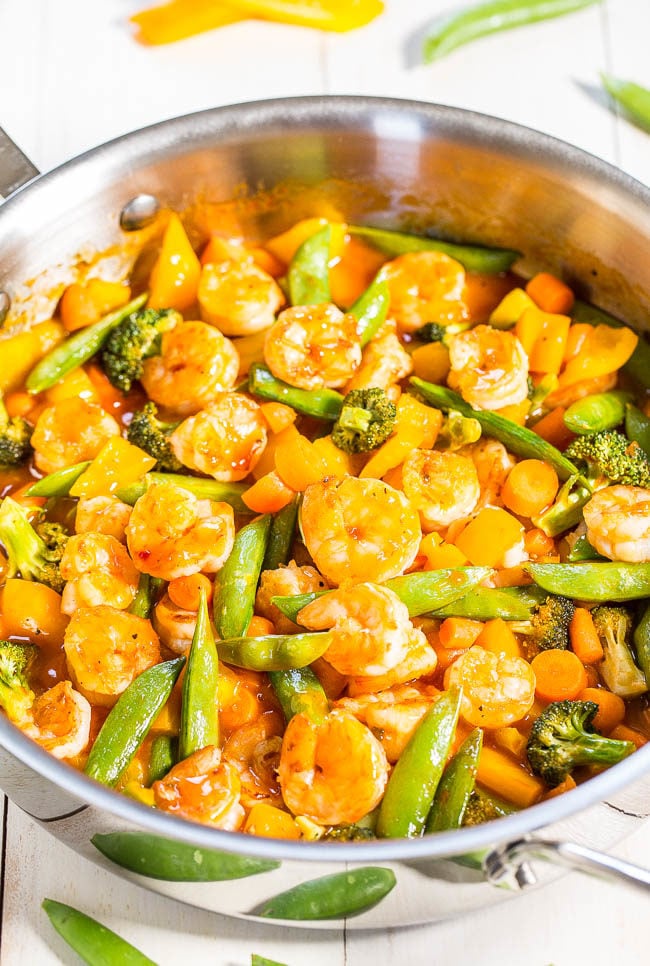 Sweet-and-Sour Shrimp and Vegetable Stir Fry - Big juicy shrimp and crunchy veggies coated in tangy sauce are a hit with everyone!! Easy, healthy, ready in 20 minutes, and way better than takeout!!