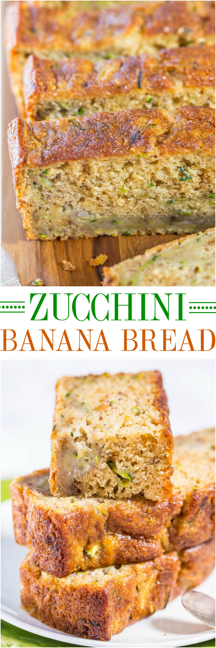 This Zucchini Banana Bread is so soft, tender, uber-moist, dense enough to be satisfying, but still light! It’s just sweet enough to taste like a dessert and not like you’re eating vegetables. It really is the BEST zucchini bread recipe!!