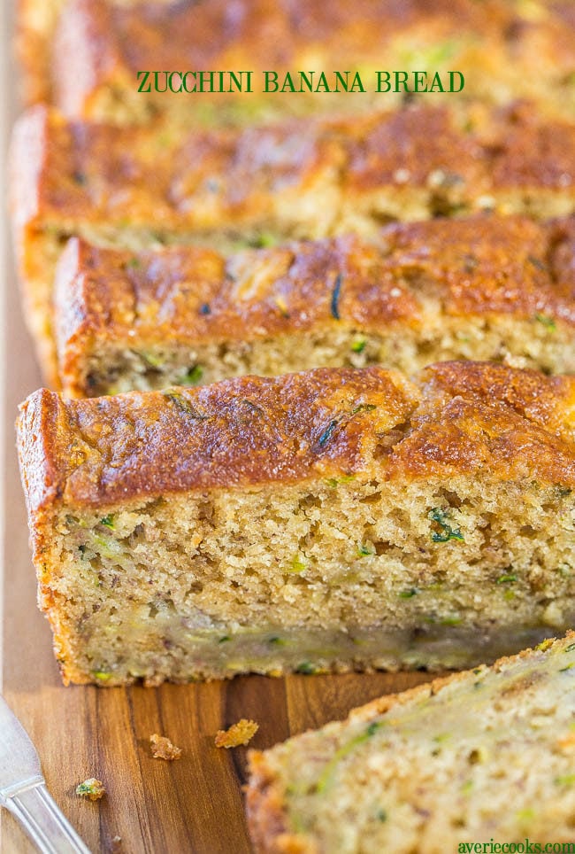 Zucchini Banana Bread - Soft, super moist, easy, no mixer needed! Jazz up regular banana bread by adding zucchini and it's healthier, too!! (Great recipe to save for when your garden is over-flowing with zucchini!)