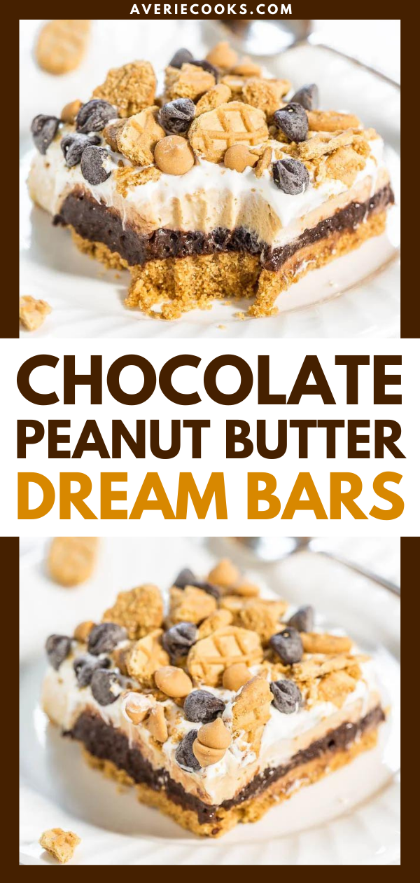 Chocolate Peanut Butter Pudding Bars — Nutter Butter crust, chocolate pudding, and peanut butter cream cheese filling!! Easy, almost no-bake, and beyond AMAZING!! Lives up to their dreamy name!!