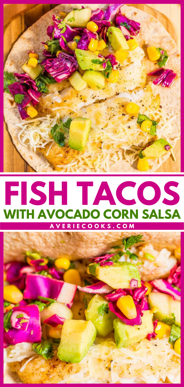 15-Minute Tilapia Fish Tacos with Corn Salsa — Tons of big flavors in a fast, fresh, and healthy meal!! A clean-eating taco recipe that tastes like comfort food!