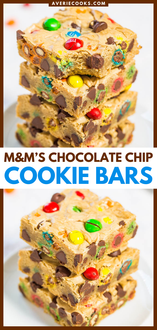 Chocolate Chip M&M’s Bars — Soft buttery bars loaded with M&M’s and chocolate chips are a guaranteed hit!! Fast, easy, foolproof, no mixer recipe that's so much simpler than making cookies!!