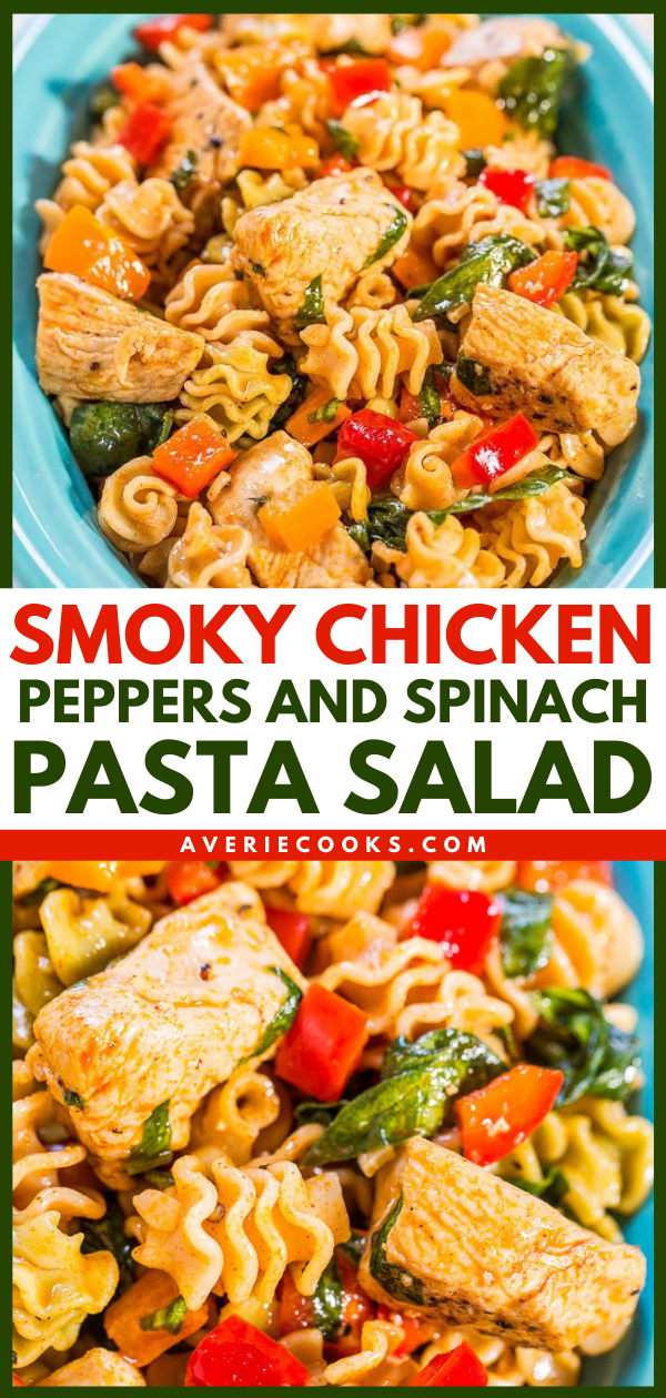 Smoky Chicken, Peppers, and Spinach Pasta Salad - Juicy chicken, crisp bell peppers and pasta with smoked paprika! Fast, easy, healthy and a hit with everyone!! Great for picnics, potlucks, or easy weeknight dinners!