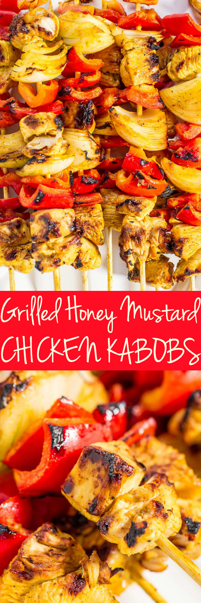 Honey Mustard Grilled Chicken Kabobs - Juicy chicken and crisp vegetables coated in a sweet-and-tangy sauce!! Great for parties or easy weeknight dinners! Everything tastes better grilled!!