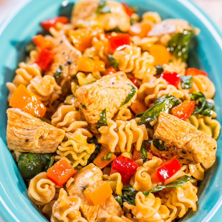 Smoky Chicken, Peppers, and Spinach Pasta Salad